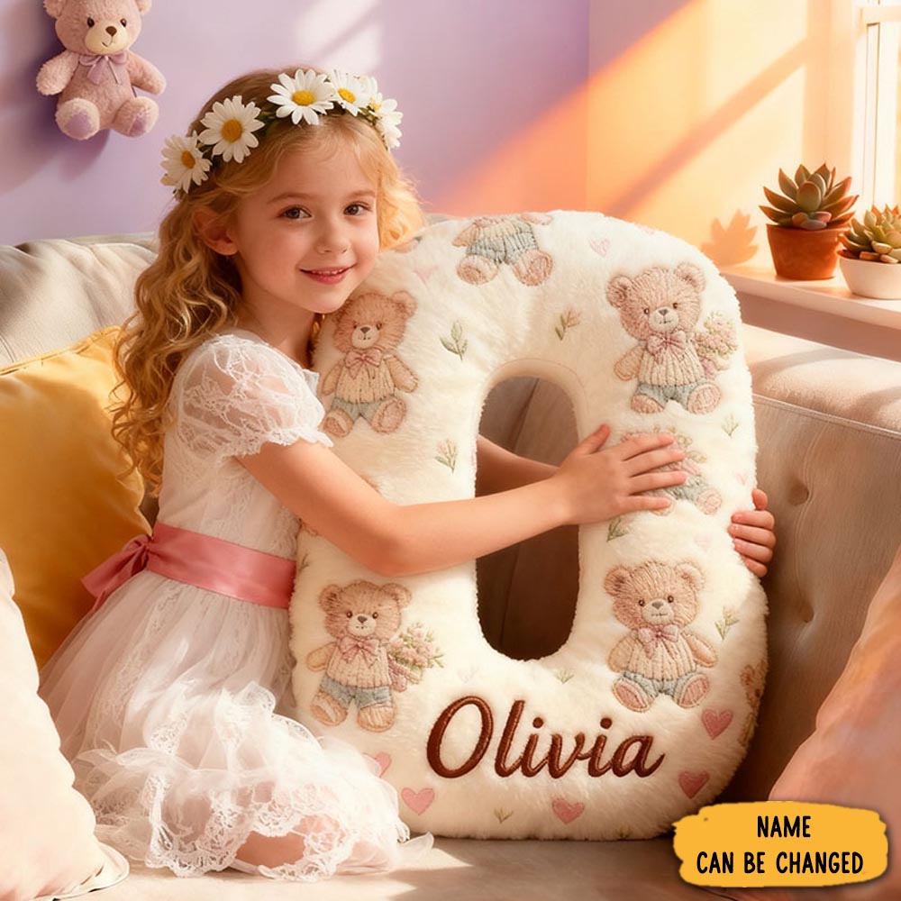 Personalized Flower Girl Graphic 3d Print Floral Bear Heart 26 Letter Pillow Custom Girl Name Cushion Wedding Gift For Girl Christmas Gift For Her