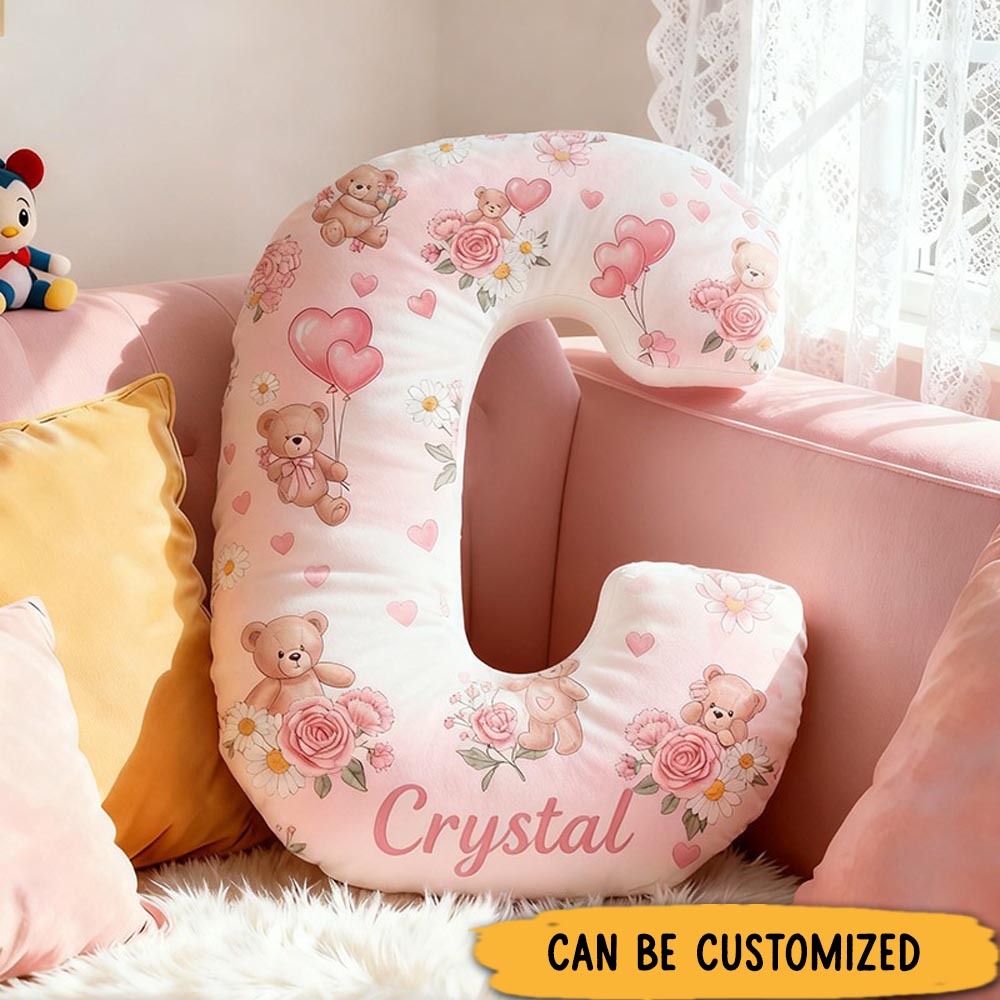 Personalized Flower Girl Pink Floral Bear Heart Balloon Letter Pillow Custom Couple Cushion Wedding Gift for Girl Christmas Gift for Girlfriend Wife