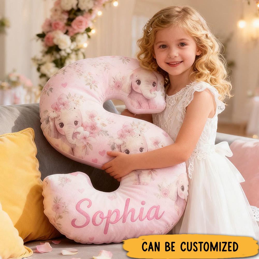 Personalized Flower Girl Pink Floral Elephant Heart 26 Letter Pillow Custom Girl Name Cushion Wedding Gift for Girl Christmas Gift for Girlfriend Wife