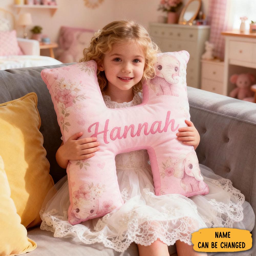 Personalized Flower Girl Pink Floral Elephant Heart 26 Letter Pillow Custom Girl Name Cushion Wedding Gift For Girl Christmas Gift For Girlfriend Wife