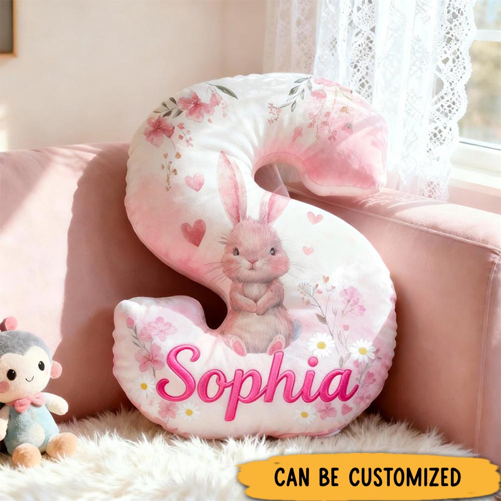 Personalized Flower Girl Pink Floral Rabbit Heart 26 Letter Pillow Custom Couple Name Cushion Wedding Gift for Girl Christmas Gift for Girlfriend Wife