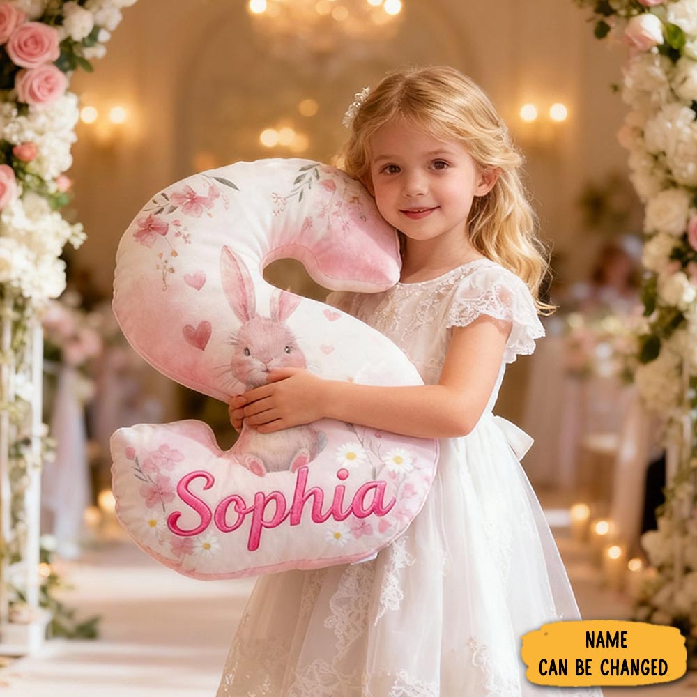 Personalized Flower Girl Pink Floral Rabbit Heart 26 Letter Pillow Custom Couple Name Cushion Wedding Gift For Girl Christmas Gift For Girlfriend Wife