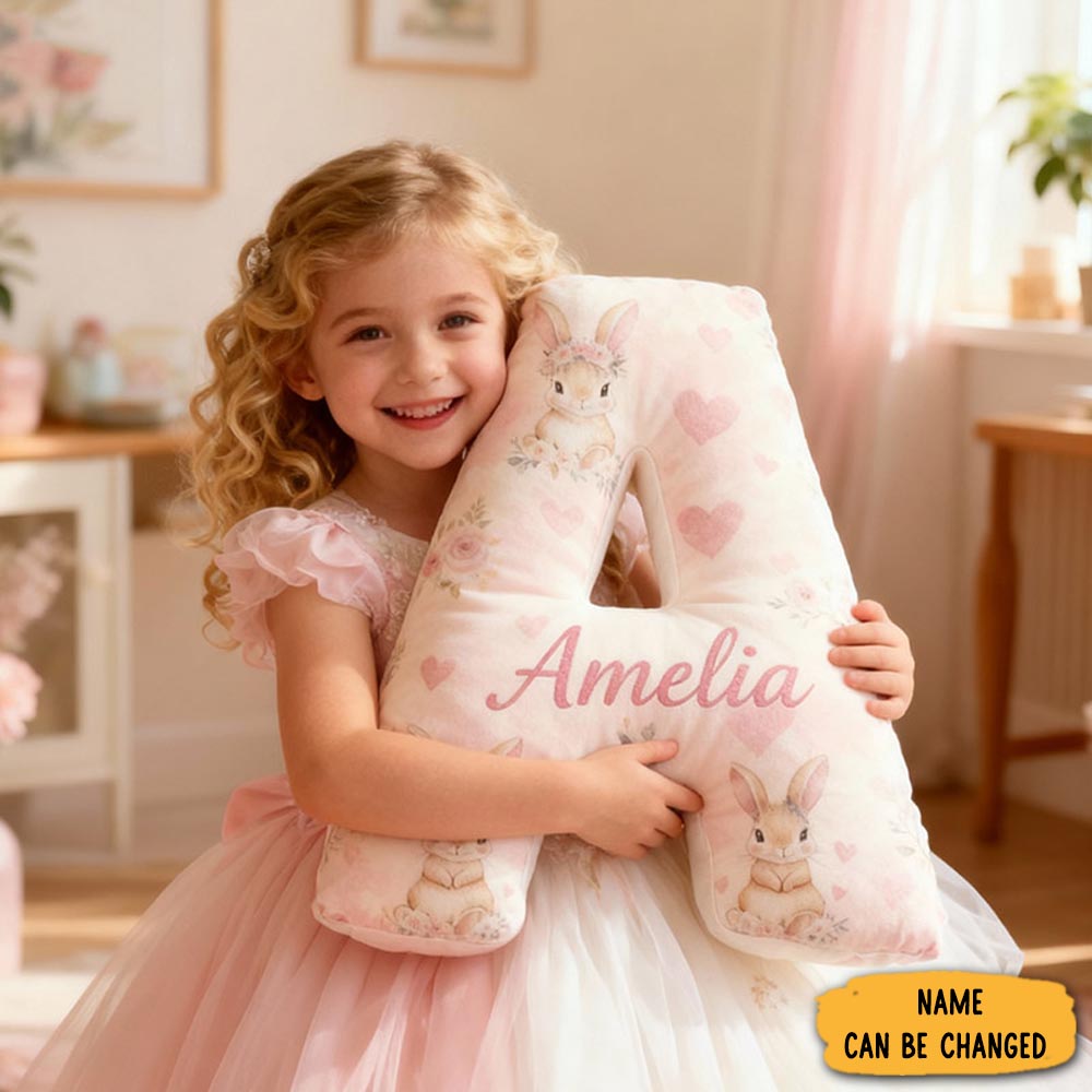 Personalized Flower Girl Pink Floral Rabbit Heart 26 Letter Pillow Custom Girl Name Cushion Wedding Gift For Girl Christmas Gift For Girlfriend Wife