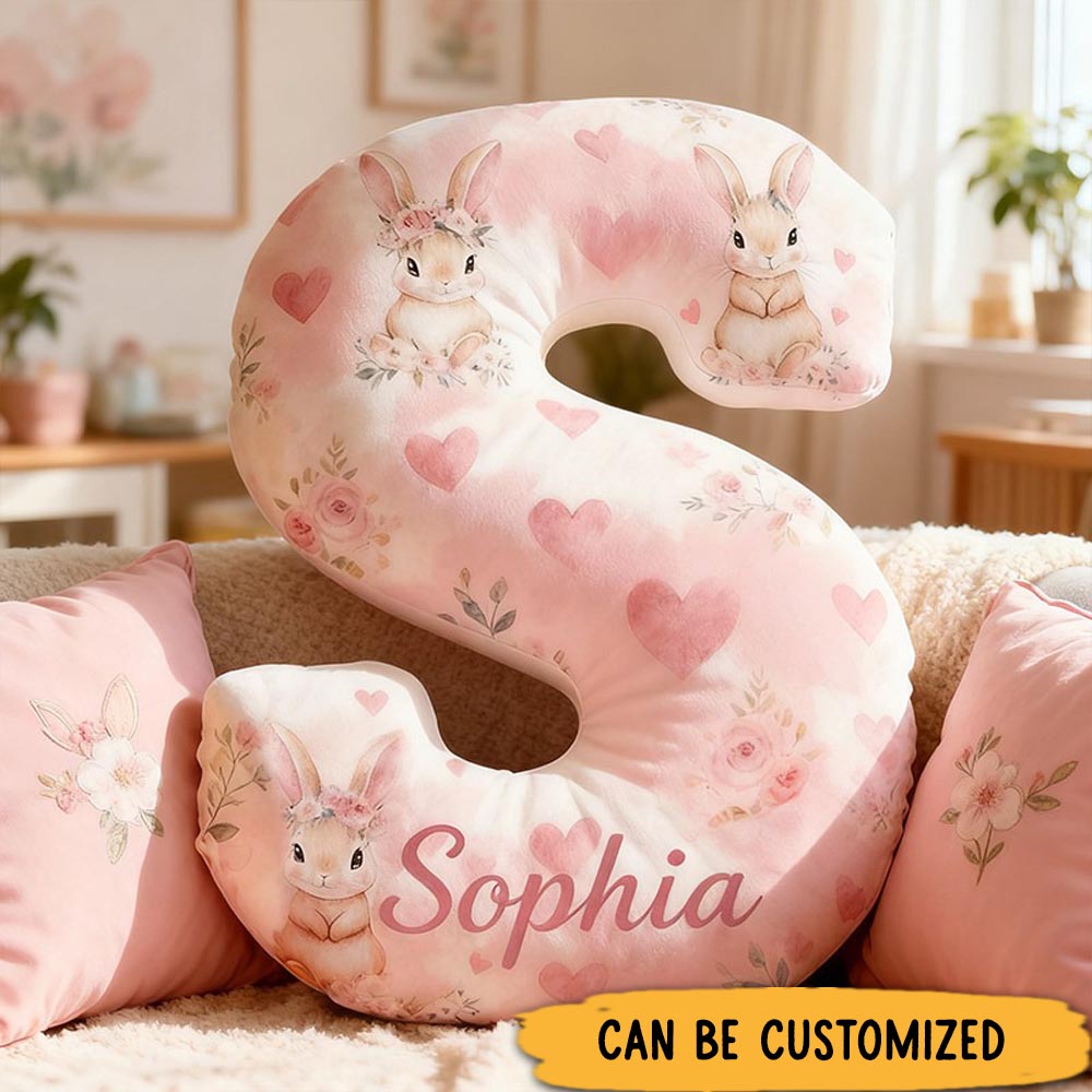 Personalized Flower Girl Pink Floral Rabbit Heart 26 Letter Pillow Custom Girl Name Cushion Wedding Gift for Girl Christmas Gift for Girlfriend Wife
