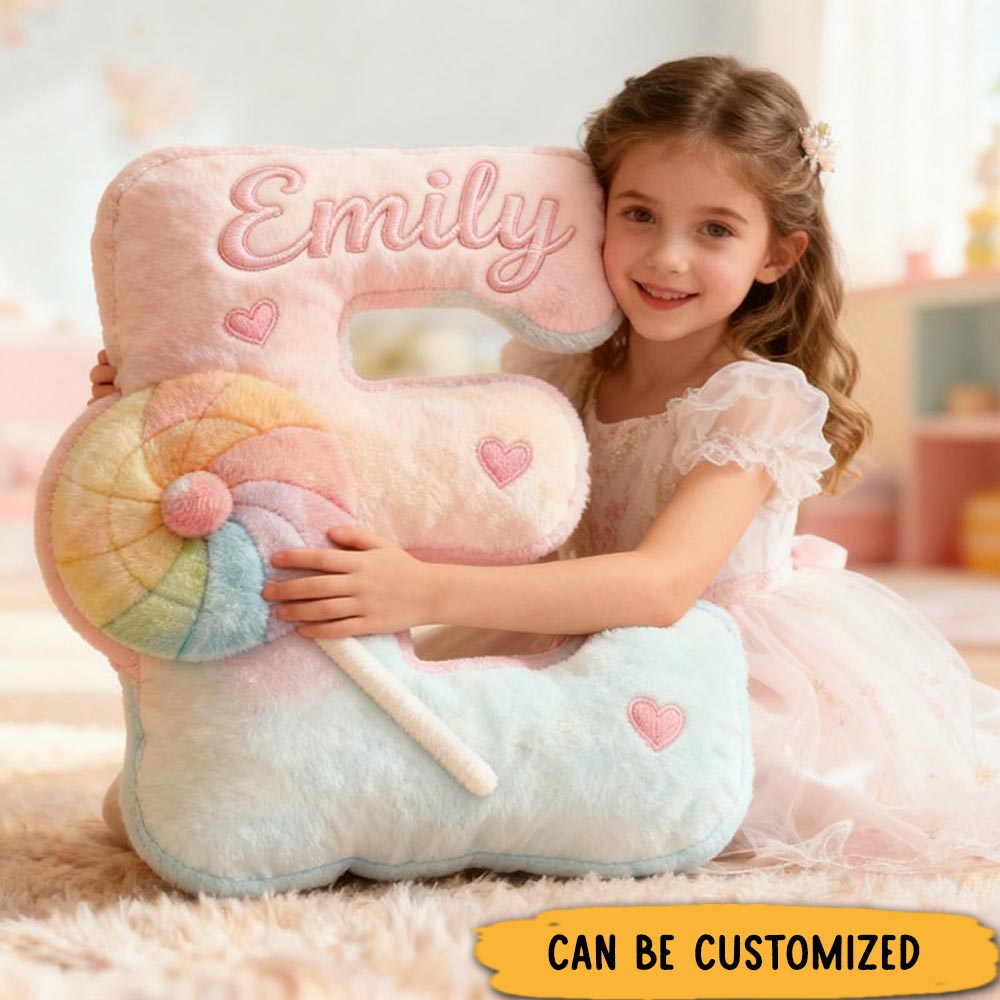 Personalized Flower Girl Pink Rainbow Lollipop Graphic 3D Printed Pillow Custom Girl friend Name Cushion Valentine's Day Gift Christmas Gift for Her