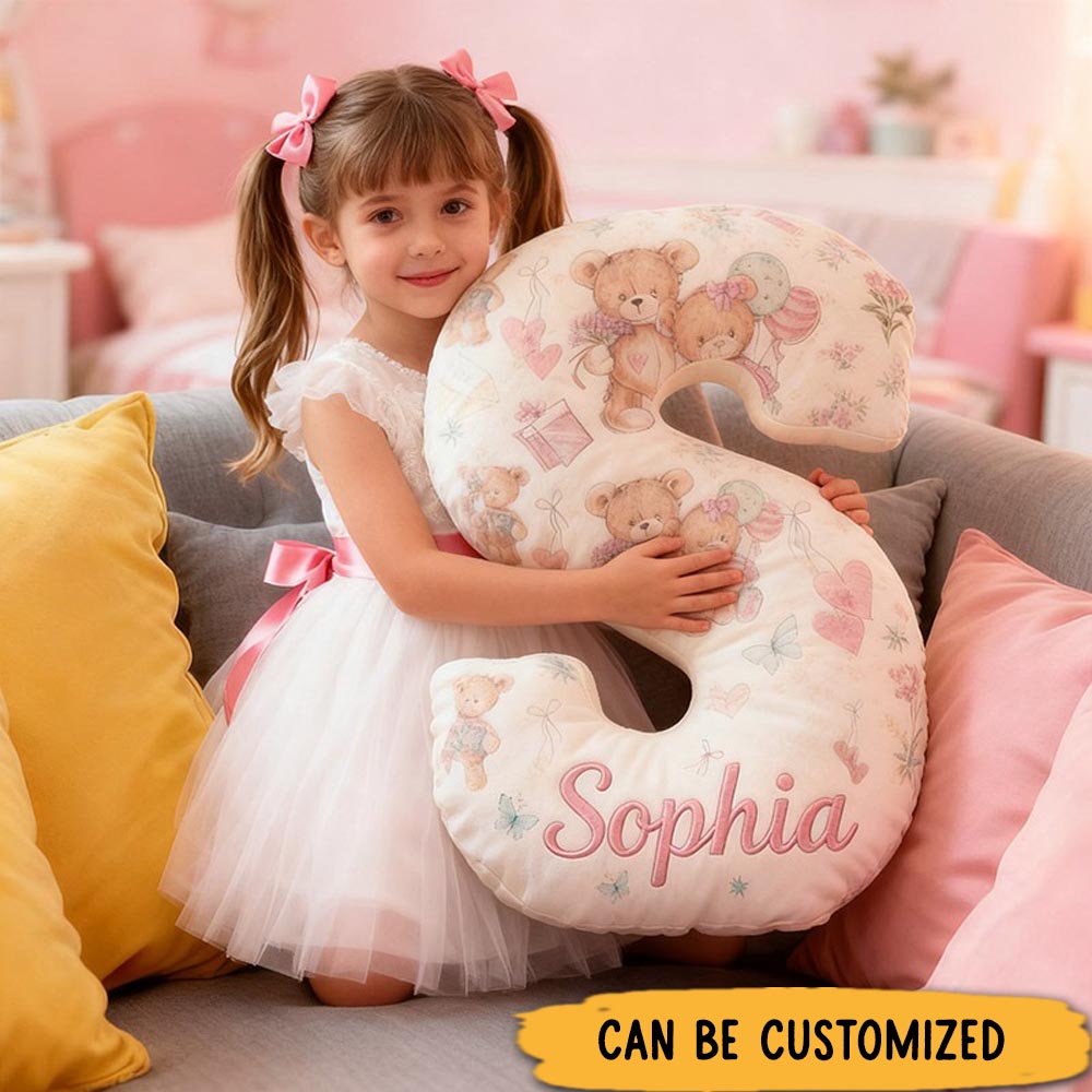 Personalized Flower Girl Small Floral Bear Heart Letter Pillow Custom Couple Name Cushion Wedding Gift for Girl Christmas Gift for Girlfriend Wife