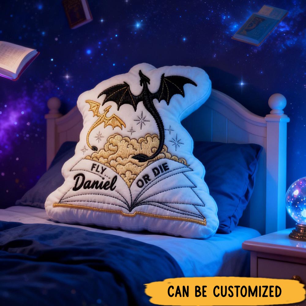 Personalized Fly or Die Quote Throw Pillow Dragon Fantasy Bookish Pillow with Name for Kids Boy Girl Gift for Reading Lover Pillow