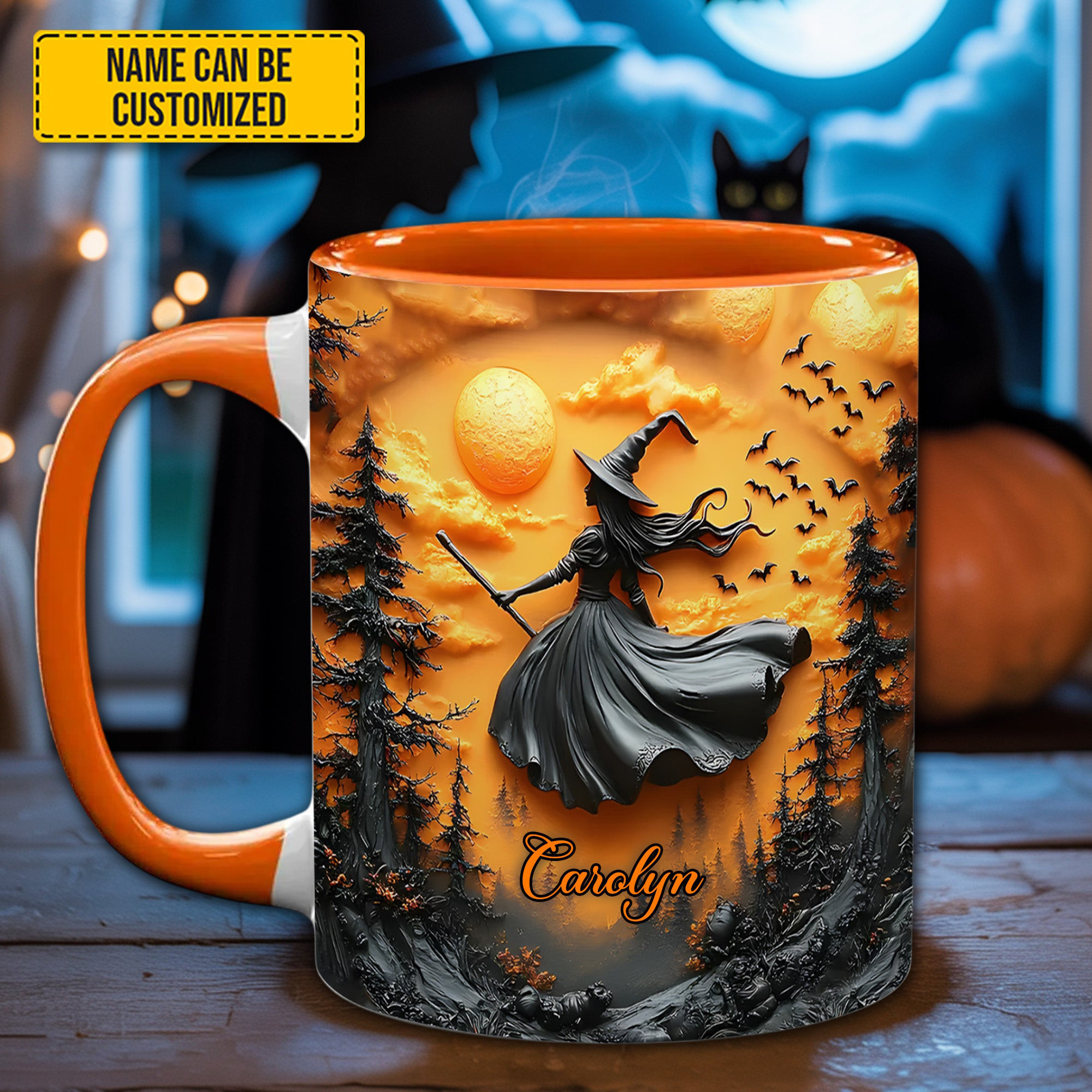 Personalized Flying Witch Mug Custom Coffee Mugs Moonlit Scene Best Witchy Gifts