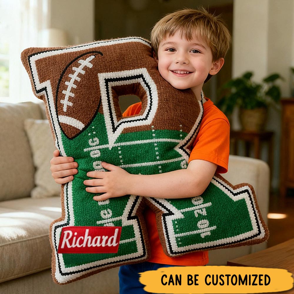 Personalized Football Field Initial Pillow with Custom Name for Kids and Sports Fans