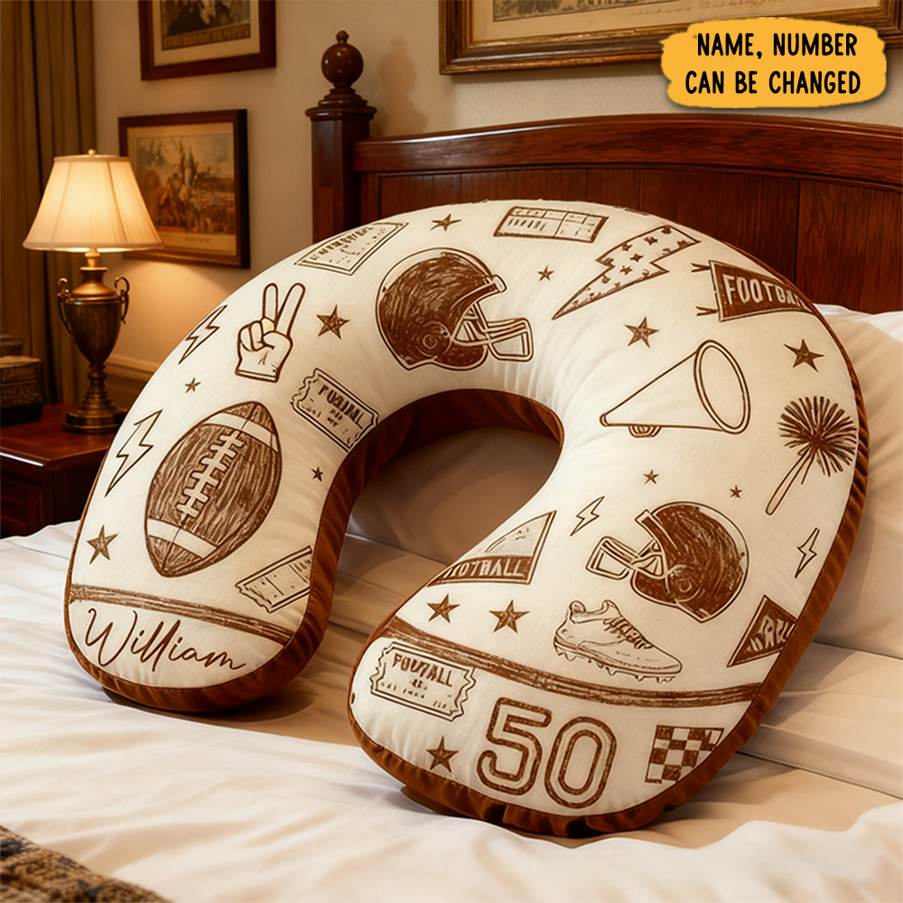 Personalized Football Themed U Shaped Pillow With Custom Name And Stylish Design