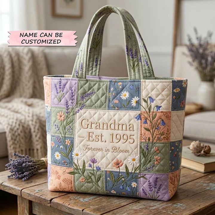 Personalized Forever In Bloom Wildflower Quilted Tote Bag Personalized Floral Custom Nature Gift For Her