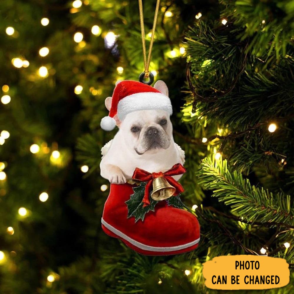 Personalized French Bulldog White In Santa Boot Christmas Hanging Ornament Unique Thanksgiving Ornament Idea