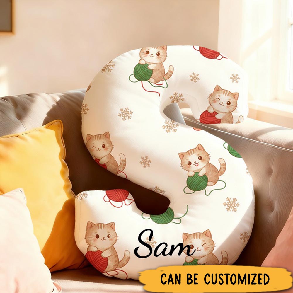 Personalized Funny Pillow Christmas Cat Yarn Ball Graphic Print Letter Customized Name Gift for Kids
