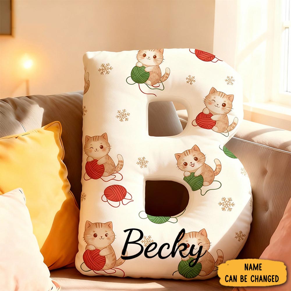 Personalized Funny Pillow Christmas Cat Yarn Ball Graphic Print Letter Customized Name Gift For Kids