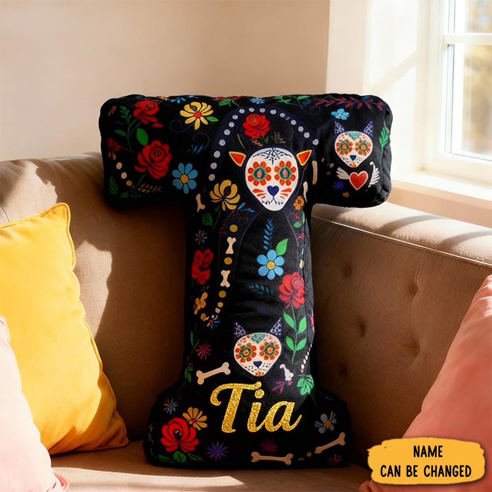 Personalized Funny Pillow Christmas Graphic 3d Print Cempasuchil Cat The Day Of The Dead Holiday With Custom Name