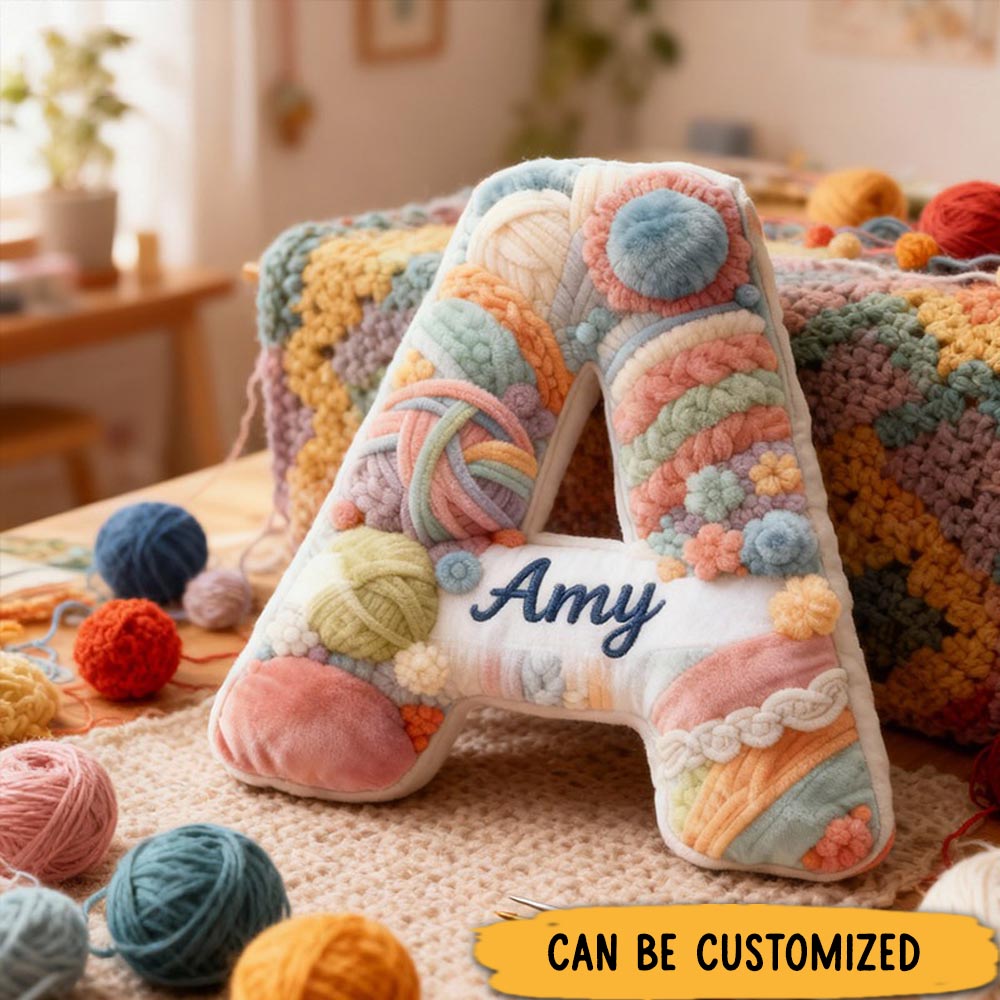Personalized Funny Pillow Christmas Graphic 3D Print Yarn Ball Customized Initial Letter Gift for Knitting Lovers
