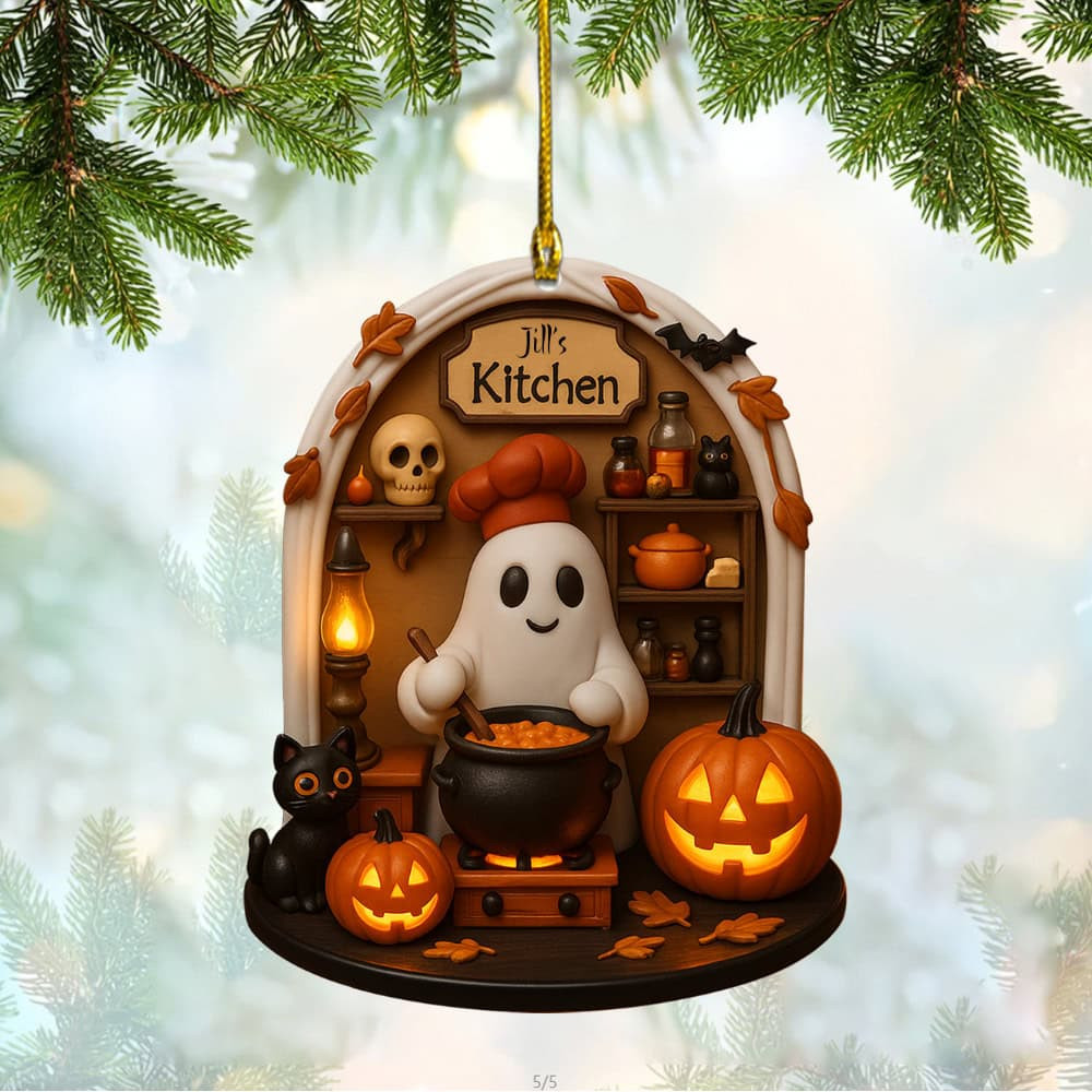 Personalized Ghost Cooking In A Cauldron Personalized Custom Acrylic Ornament Halloween Gift For Kitchen Lover