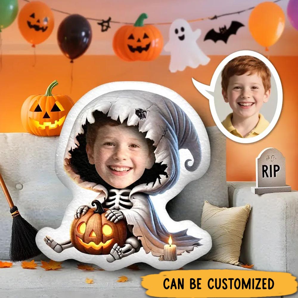 Personalized Ghostly Pumpkin Pillows Haunting Halloween Charm with Custom Photo and Spooky Skeleton Style