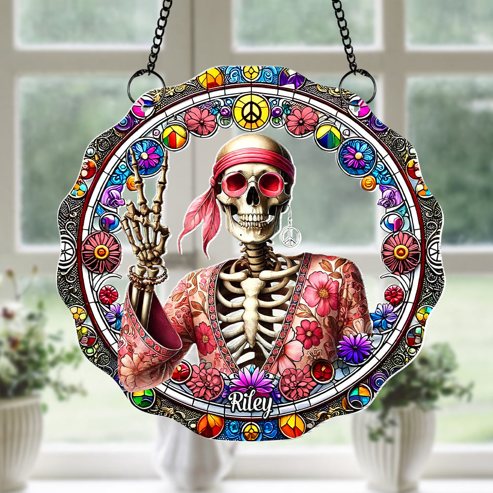 Personalized Gift For Hippie Acrylic Suncatcher, Peace Love Skull - Cute Christmas Tree Gift Idea