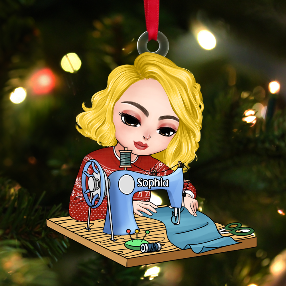 Personalized Gift For Sewing Lovers, Sitting Girl Sewing Ornament - Festive Holiday Keepsake Gift
