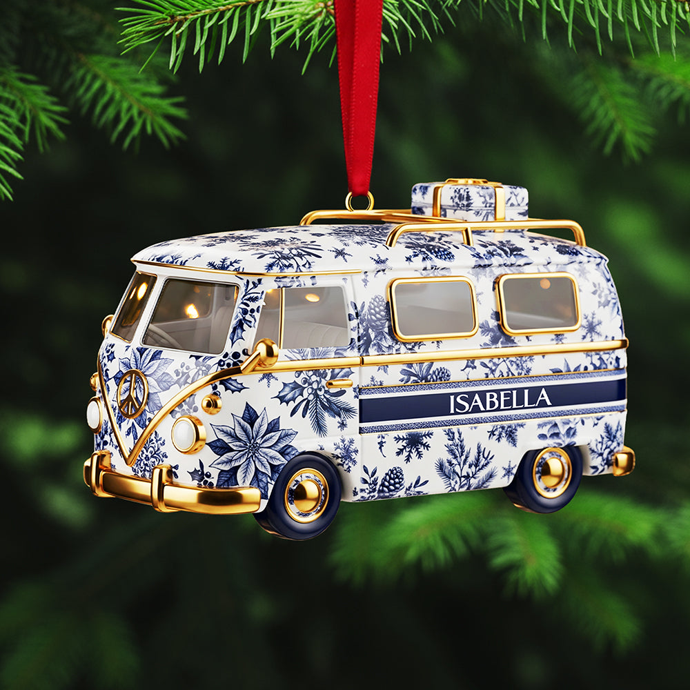 Personalized Gifts For Christmas, Camper Van Toile de Jouy Custom Shape Acrylic Ornament - Holiday Tree Decoration Gift