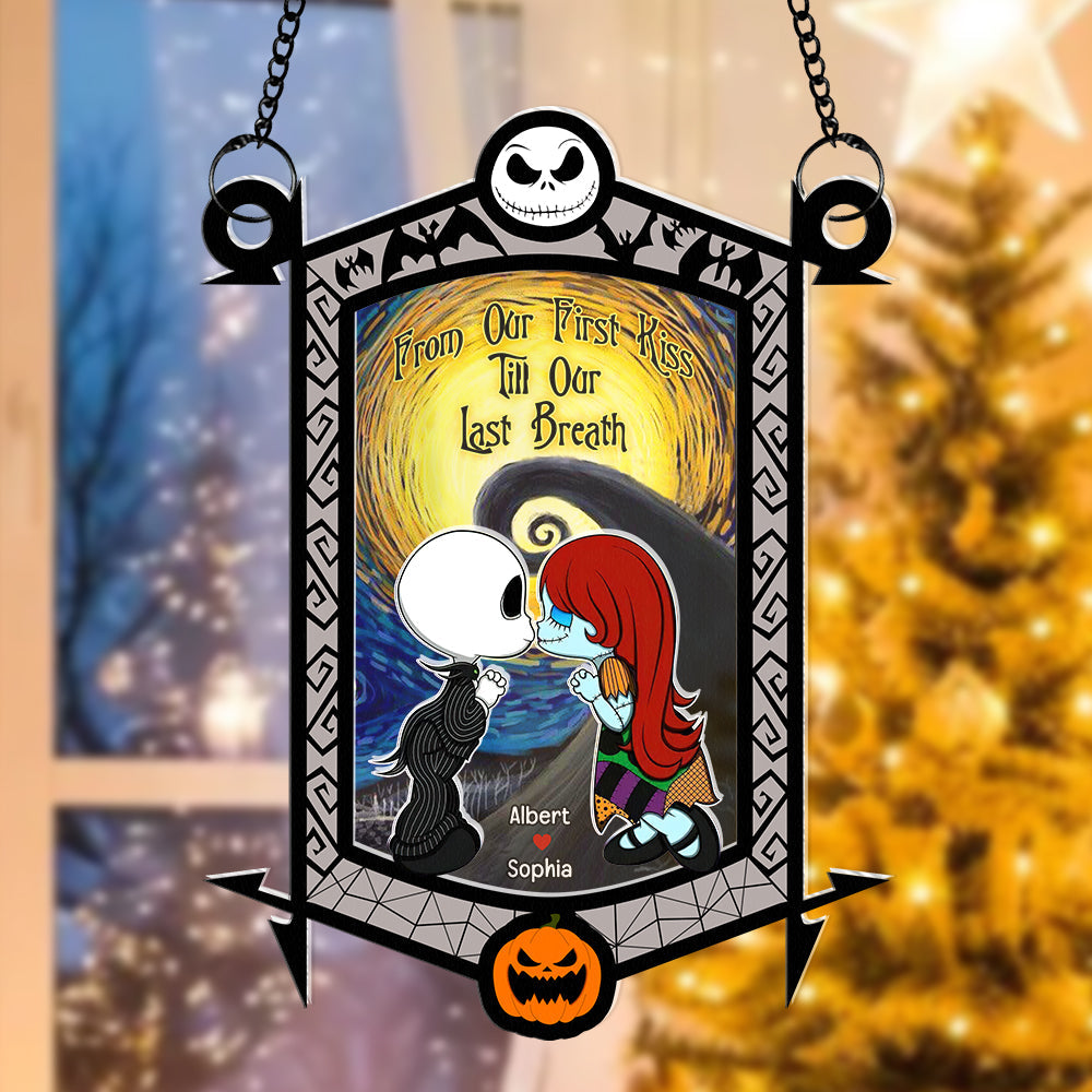 Personalized Gifts for Couple, Cartoon couple kissing under the moonlight acrylic suncatcher - Festive Holiday Keepsake Gift