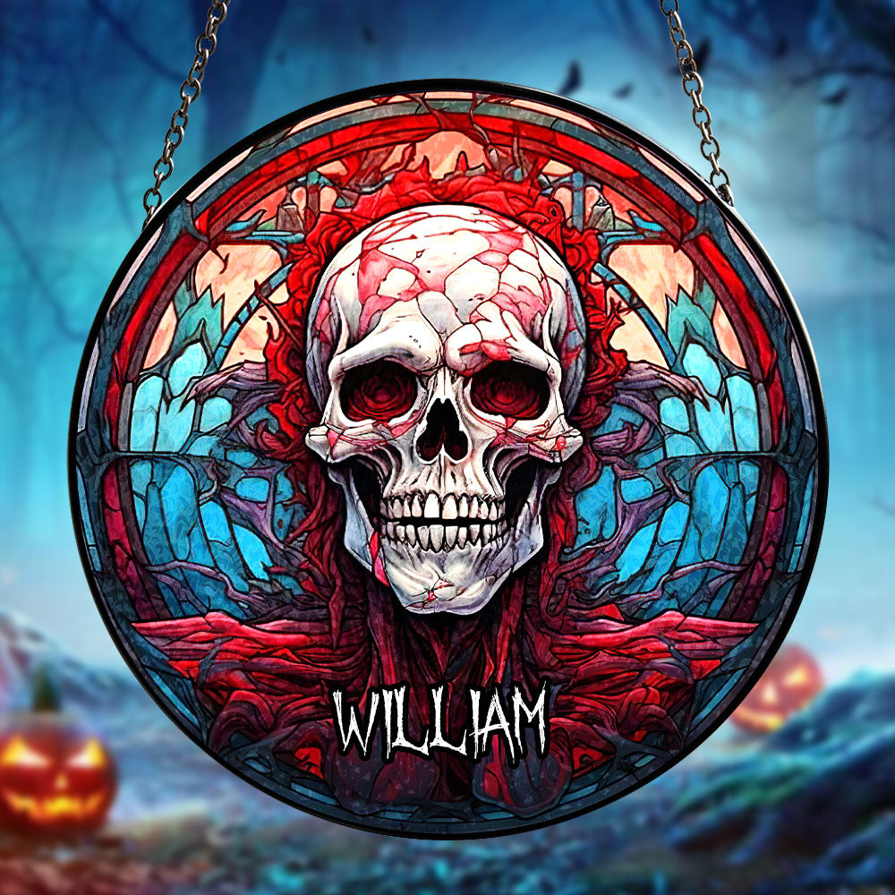 Personalized Gifts for Horror Lovers, Skull Halloween Round Stained Glass Suncatcher - Festive Holiday Keepsake Gift