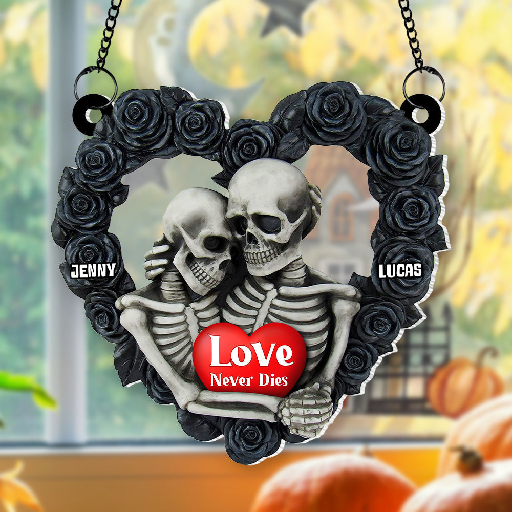 Personalized Gifts For Skeleton Couple Suncatcher Ornament, Skeleton Couple Hugging - Xmas Ornament Gift