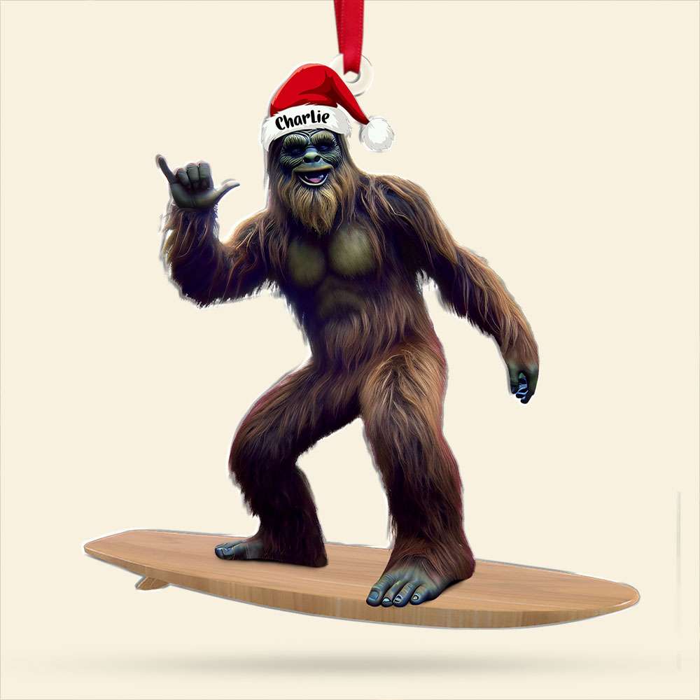 Personalized Gifts For Surfer Ornament, Wild Bigfoot Surfing - Cute Christmas Tree Gift Idea