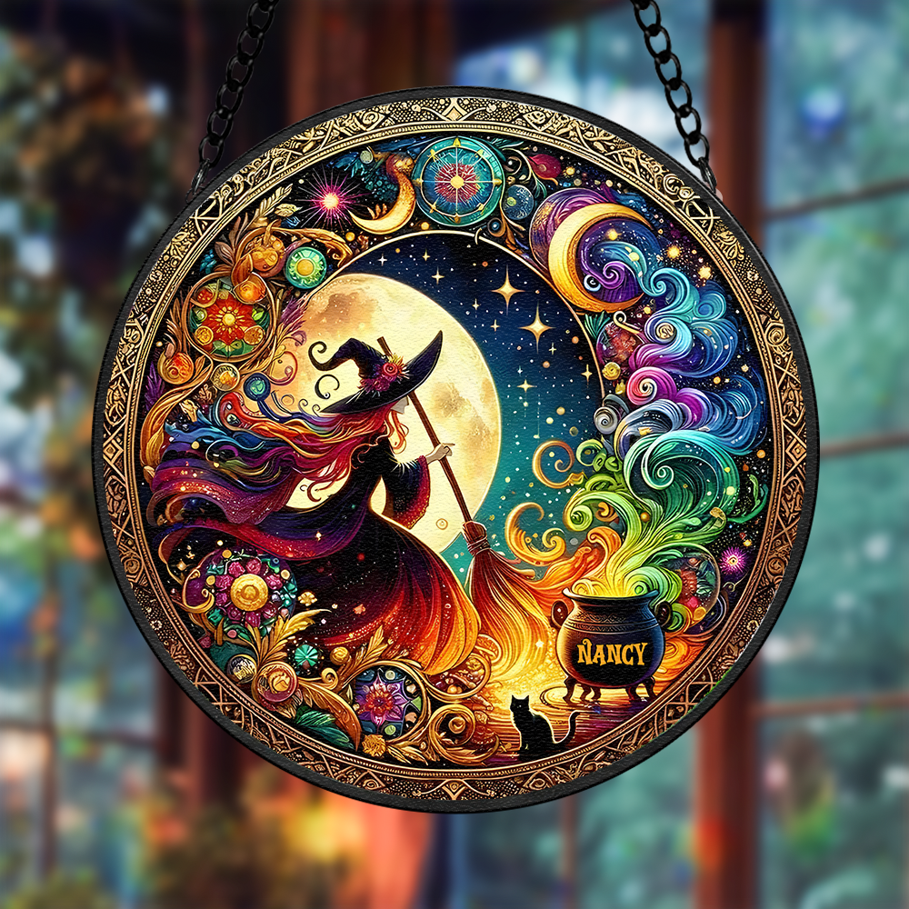Personalized Gifts For Witch Lover Round Stained Glass Suncatcher Halloween - Cute Christmas Tree Gift Idea