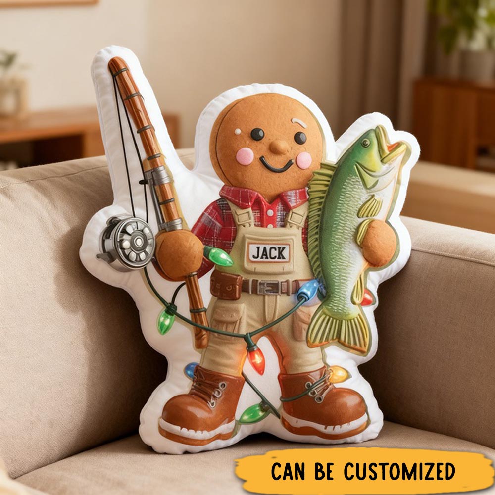 Personalized Gingerbread Fishing Pillow Funny Fishing Pillow Custom Name Graphic 3D Print Cute and Soft Gift for Fishing Lovers Festive Decor for Kids and Adults