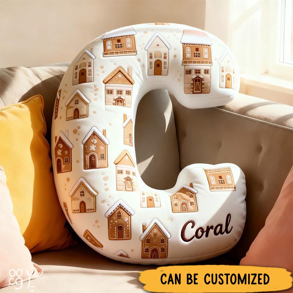 Personalized Gingerbread House Alphabet Throw Pillow Graphic 3D Print Christmas Letters with Name for Baker Festive Decor Gift for Kids Boys Girls Family