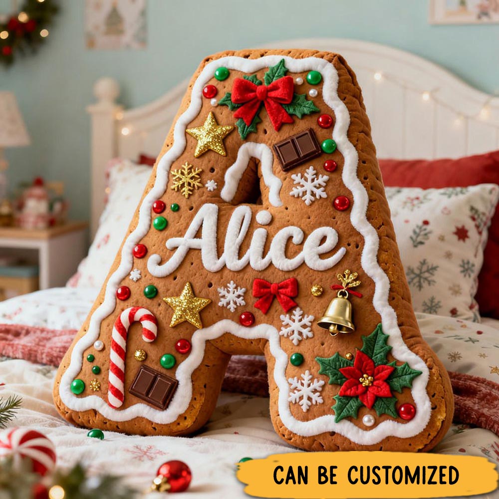 Personalized Gingerbread Letter Christmas Name Custom Kids Gift Festive Cozy Sweet Decorative Graphic 3D Print Pillows