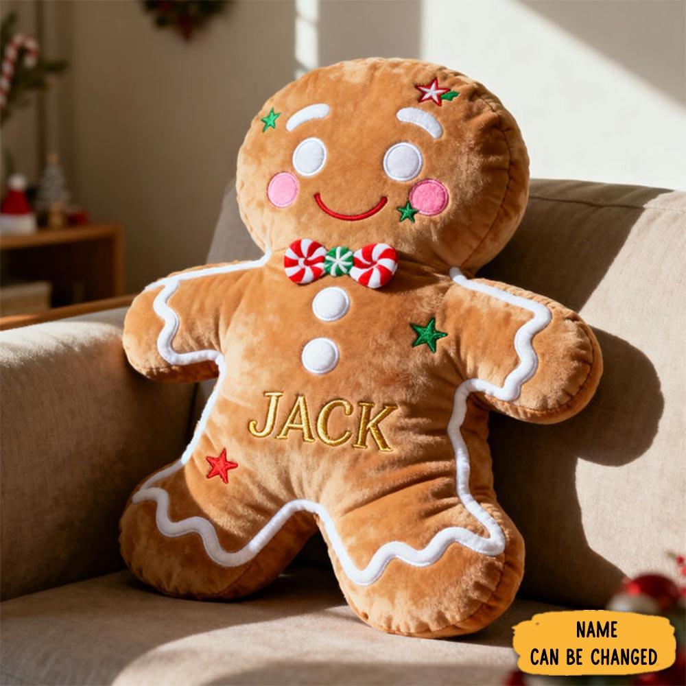 Personalized Gingerbread Man Pillow Custom Name Festive Christmas Decor Graphic 3d Print Cozy Plush Cushion For Kids Holiday Gift Decorative Accent