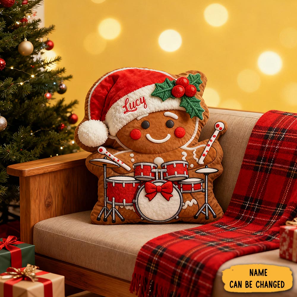 Personalized Gingerbread Playing Guitar Graphic 3d Print Print Throw Pillow Custom Name Gingerbread Playing Drum Throw Pillow For Family And Christmas