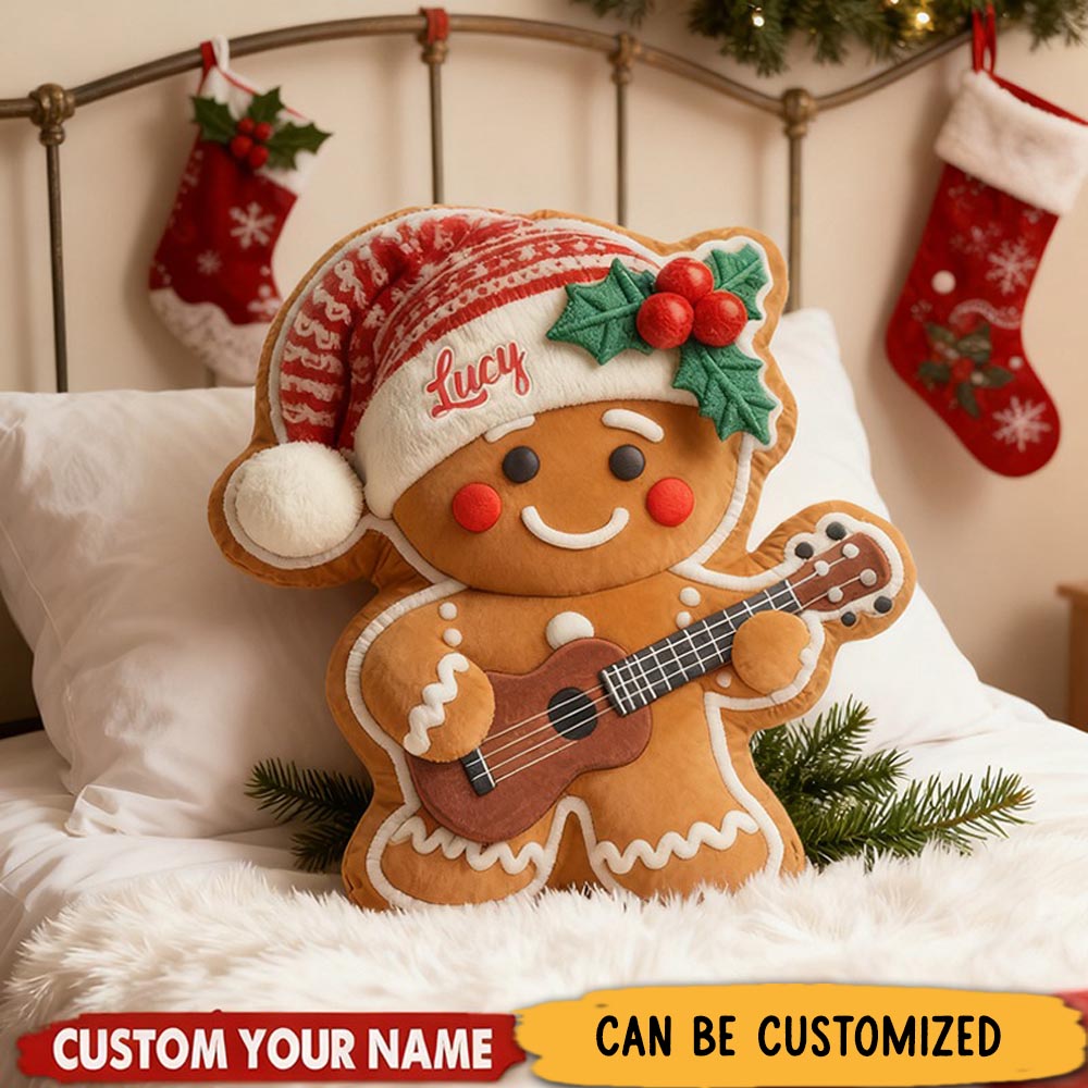 Personalized Gingerbread Playing Guitar Graphic 3D Print Print Throw Pillow Custom Name Gingerbread Playing Drum Throw Pillow for Family and Christmas