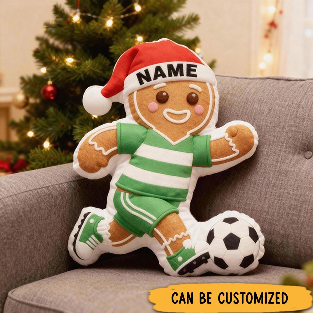 Personalized Gingerbread Soccer Player Pillow with Custom Name and Festive Design