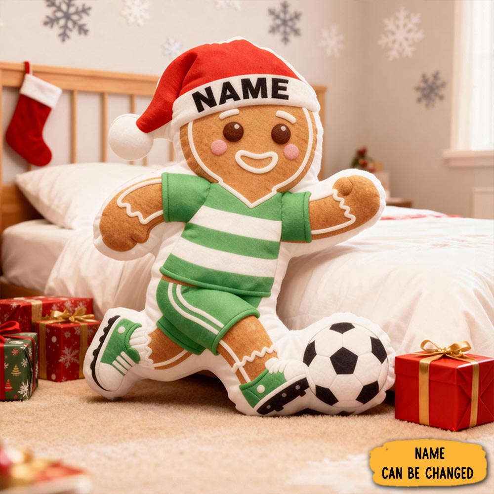 Personalized Gingerbread Soccer Player Pillow With Custom Name And Festive Design