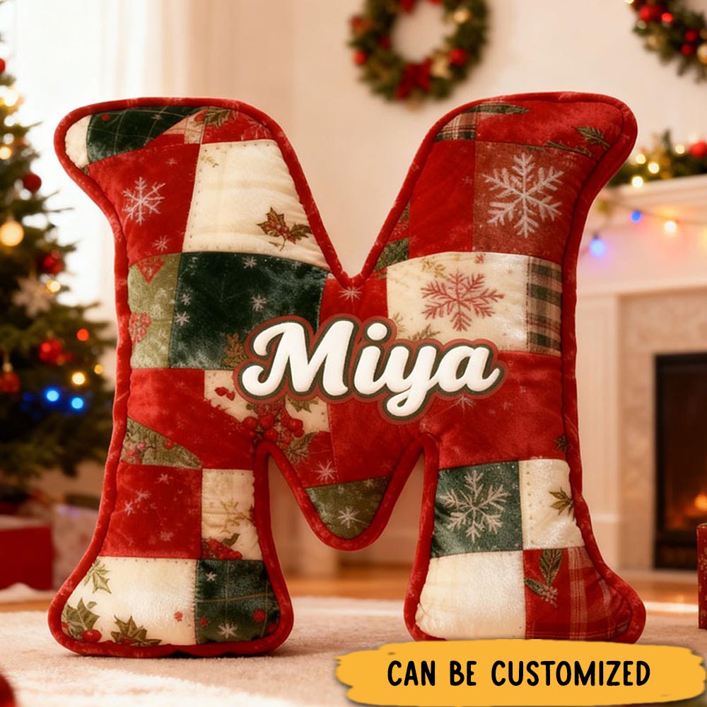 Personalized Girl friend Christmas Patchwork Graphic 3D Printed Pillow Custom Flower Girl Name Christmas Cushion Christmas Gift for Him Her Couple