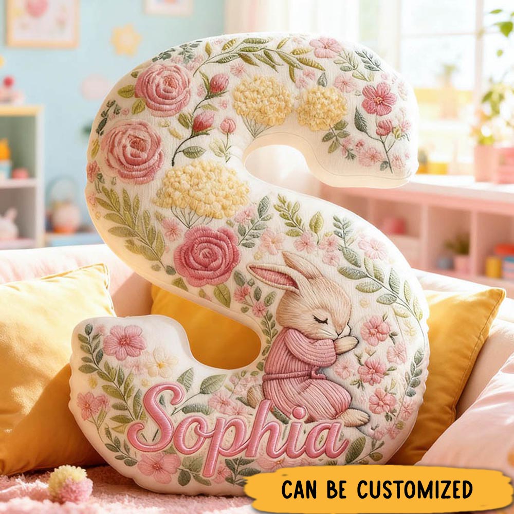 Personalized Girl friend Pink Floral Rabbit Graphic 3D Printed Pillow Custom Flower Girl Name Cushion Valentine's Day Gift Christmas Gift for Her