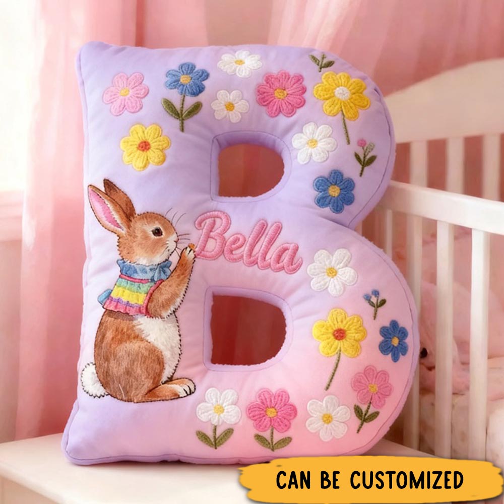 Personalized Girl friend Pinkish-purple Gradient Floral Rabbit Graphic 3D Printed Pillow Flower Girl Name Cushion Valentine's Christmas Gift for Her