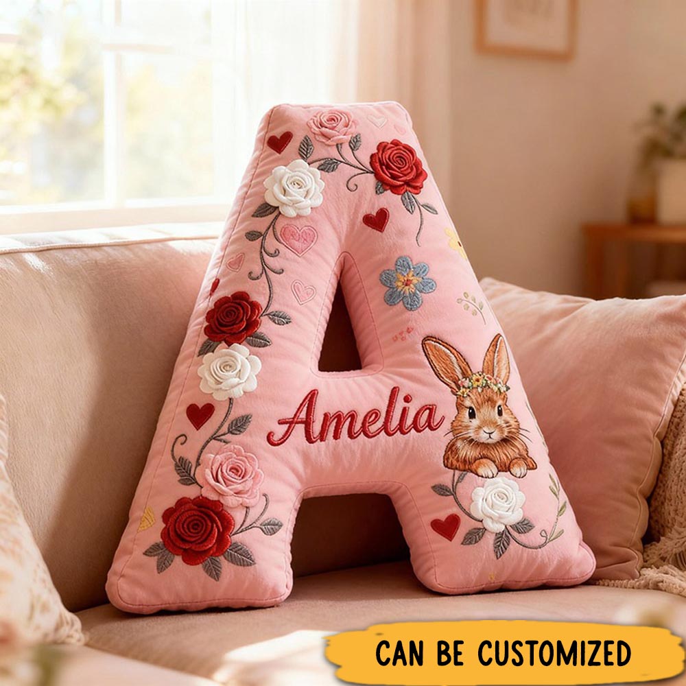 Personalized Girl friend Rose Pink 3D Printed Rabbit Pillow Custom Name Cushion Valentine's Gift for Her Christmas Gift for Flower girl