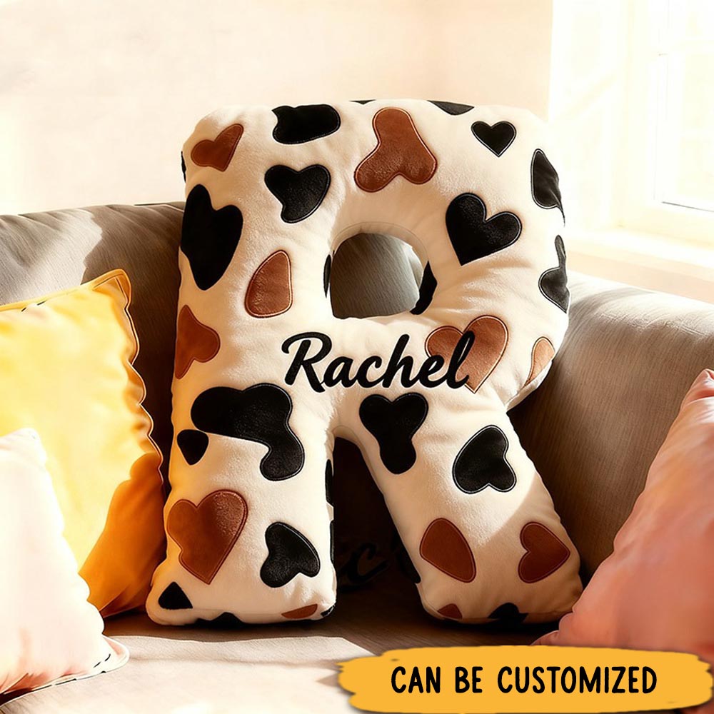 Personalized Girlfriend Cow Print Heart Letter Pillow Custom Wife Name Cushion Valentine's Day Gift for Boyfriend Husband Christmas Gift for Him Her