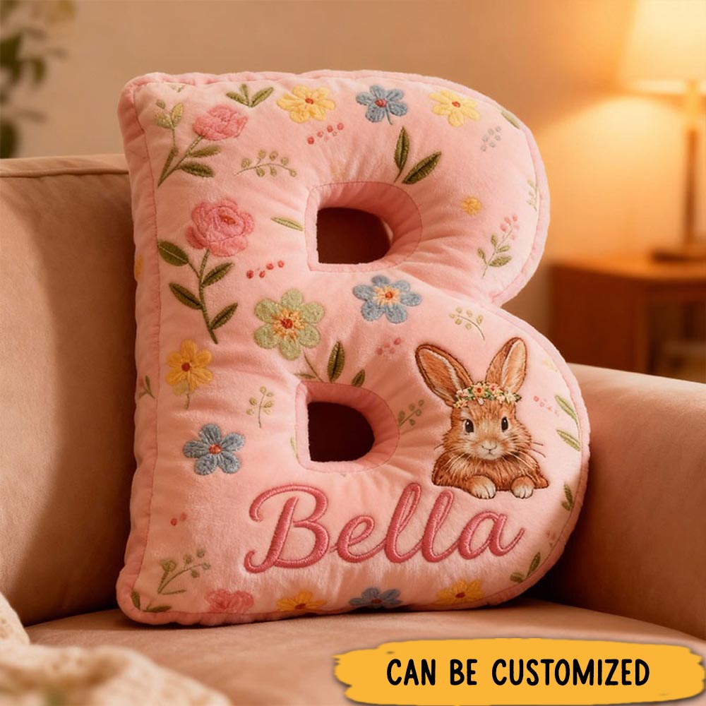 Personalized GirlFriend Flower Floral Rabbit Pink Pillow Custom Name Cushion Valentine's Gift for GirlFriend Christmas Gift for Her for Flower Girl