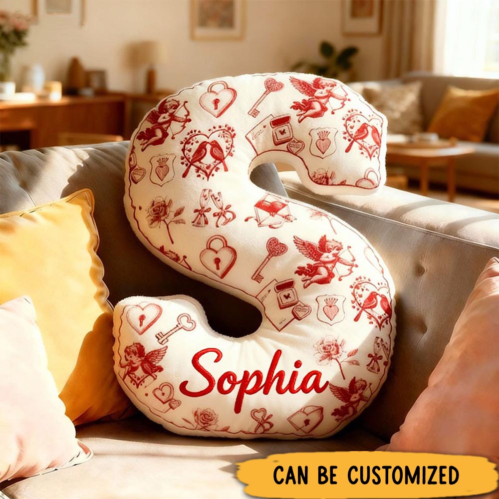 Personalized Girlfriend Letter Pillow Custom Wife Initials Cupid and Love Birds Cushion Valentine's Day Pillow for Husband Wife Christmas Gift for Her