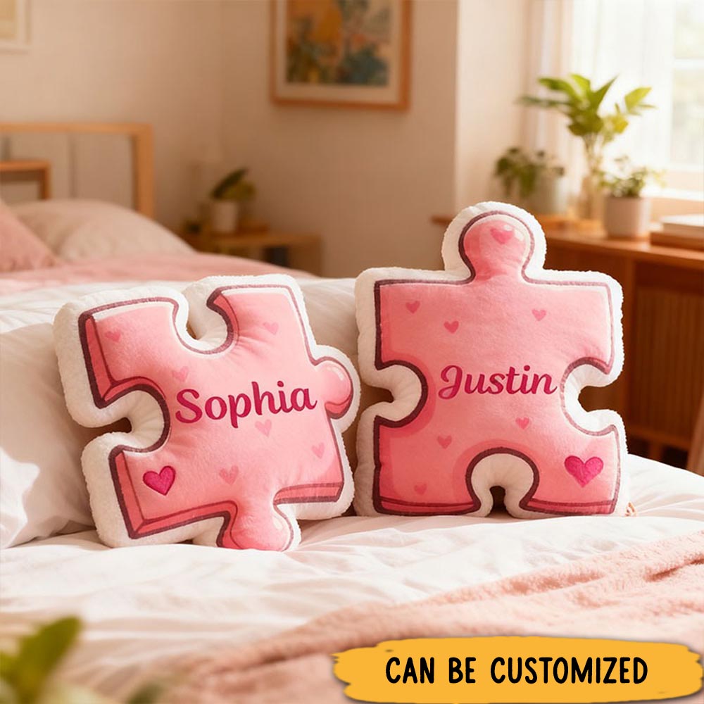 Personalized Girlfriend Pink Heart Puzzle Piece Pillow Custom Wife Name Cushion Valentine's Day Pillow for Husband Wife Christmas Gift for Him Her