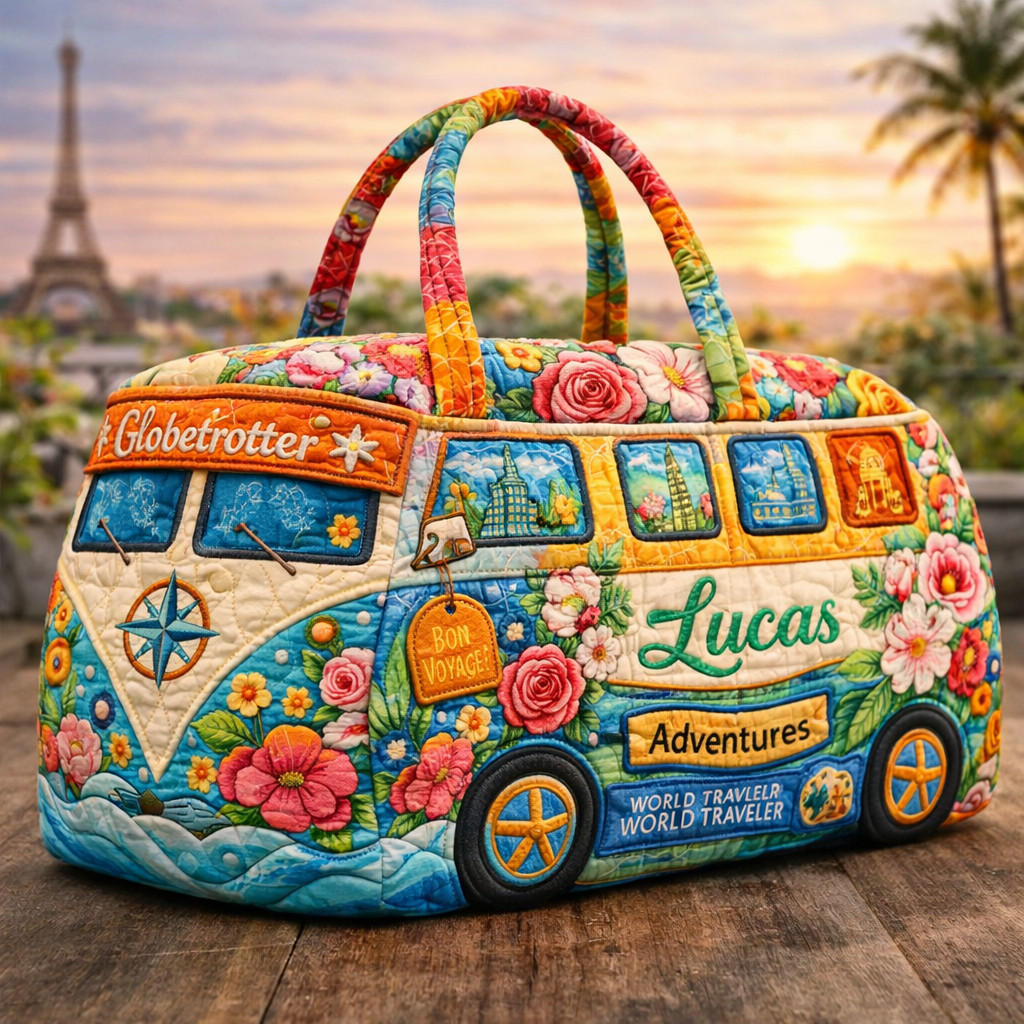 Personalized Globetrotter Hippie Van Quilted Duffle Bag Bon Voyage World Traveler Adventure Gift Ideas