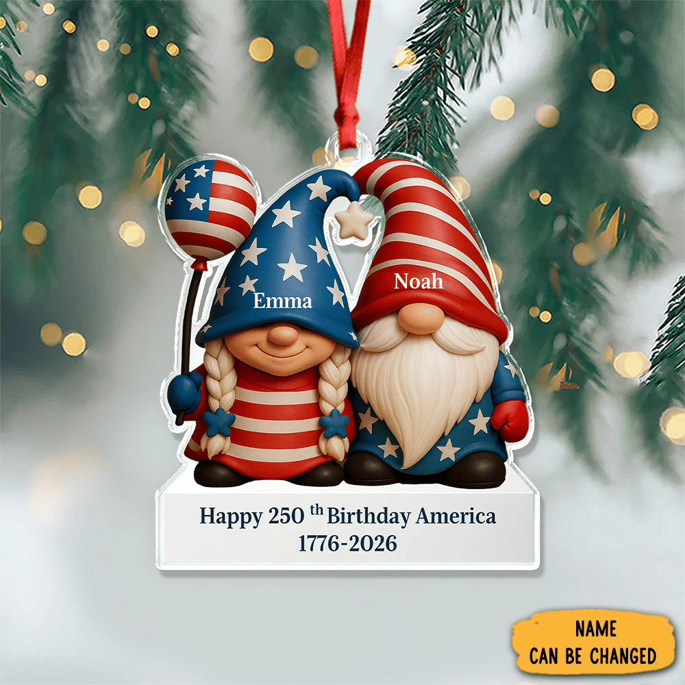Personalized Gnome Couple Happy US 250th Anniversary Ornament America's Birthday Ornament