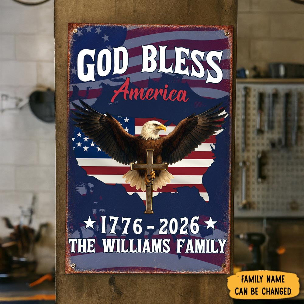 Personalized God Bless America Eagle 1776 2026 Patriotic Metal Sign Independence Day Decor