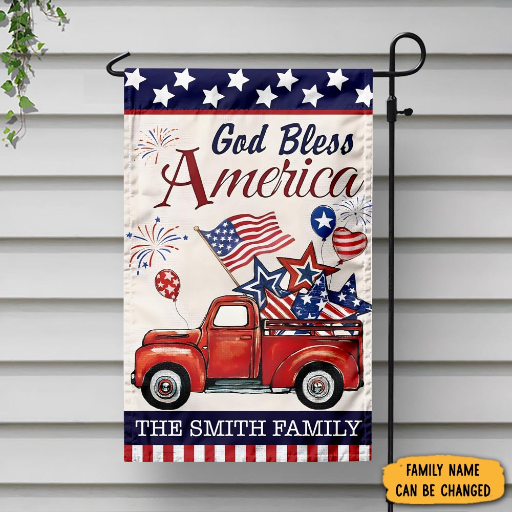 Personalized God Bless America Patriotic Red Truck Garden Flag House Decor Patriotic Gifts
